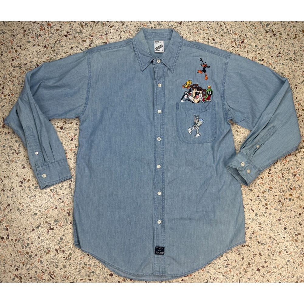 Warner Bros. Vtg Men's Embroidered Long Sleeve Denim Shirt‎ Size Small
